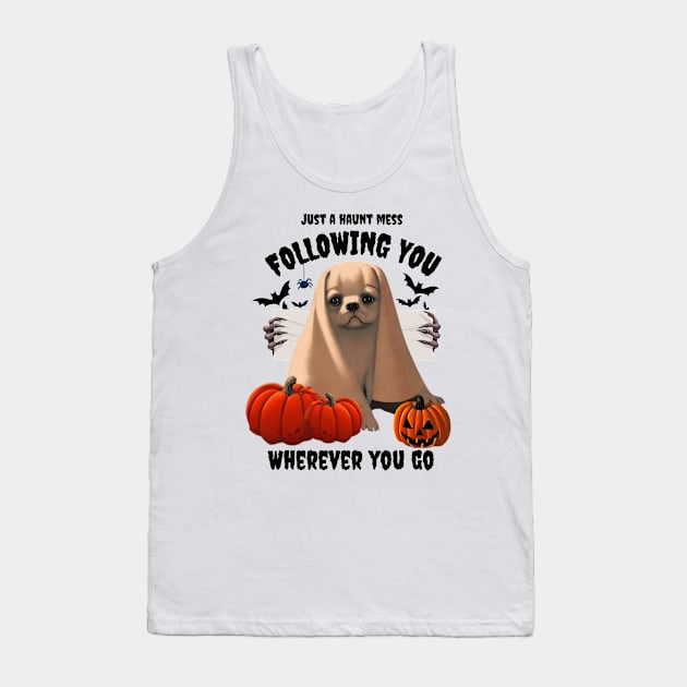 Halloween Ghost Fluffy French Bulldog Puppy in Cheesecloth Funny Halloween Season Tank Top by Mochabonk